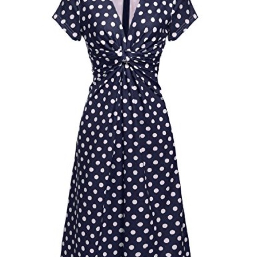 ACEVOG Navy Blue & White Polka Dot Twist-Front V-Neck Midi Dress